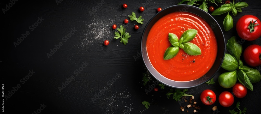 Aufkleber Top view of a bowl of tomato soup with basil against a dark background, providing ample copy space image.