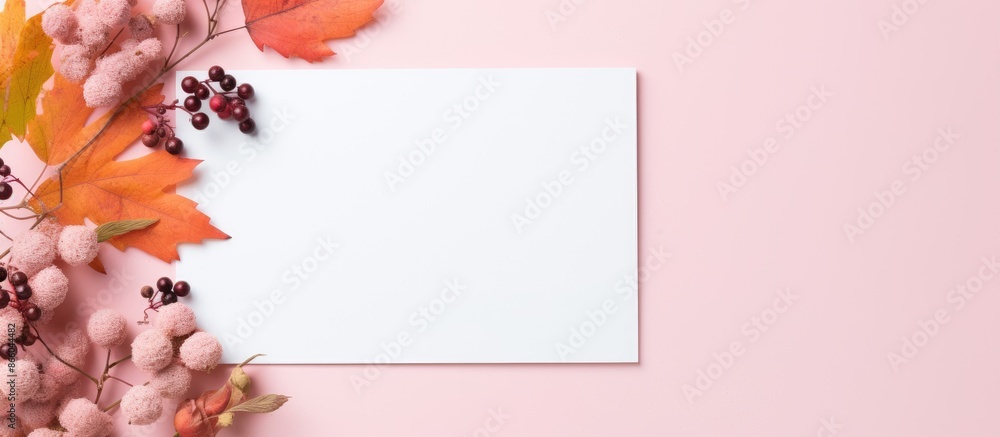Poster fall-themed greeting card with leaves and berries on a white mockup sheet against a soft peach backd