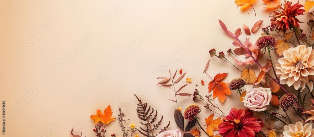 Aufkleber An autumn-themed floral arrangement border on a soft beige backdrop, emphasizing the fall season with a flat lay view and room for text or other images. with copy space image