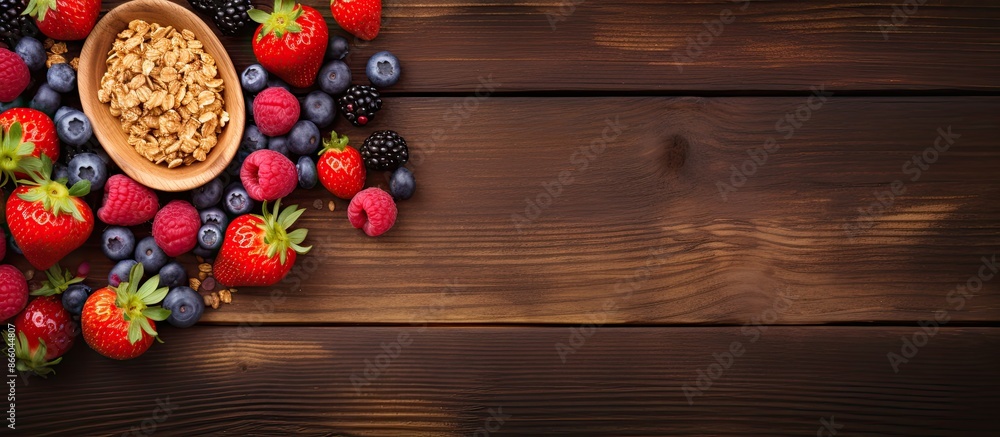 Leinwandbilder wooden background showcases a flat lay image featuring homemade granola topped with various berries 