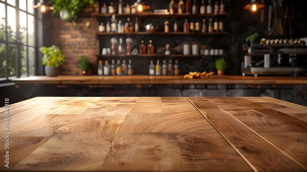 Poster cozy and inviting maple tabletop in a lively tapas bar setting with blurred background