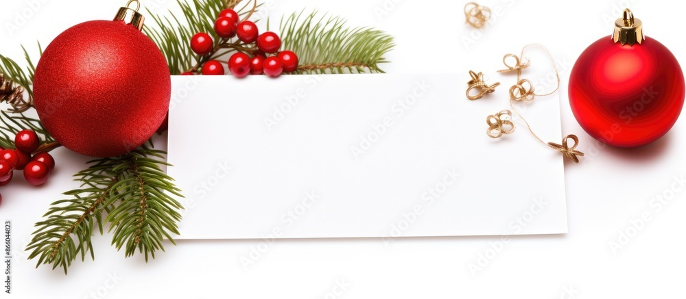 Aufkleber Christmas-themed arrangement with a blank card on a white backdrop, ideal for adding text or images in the empty space image. with copy space image. Place for adding text or design