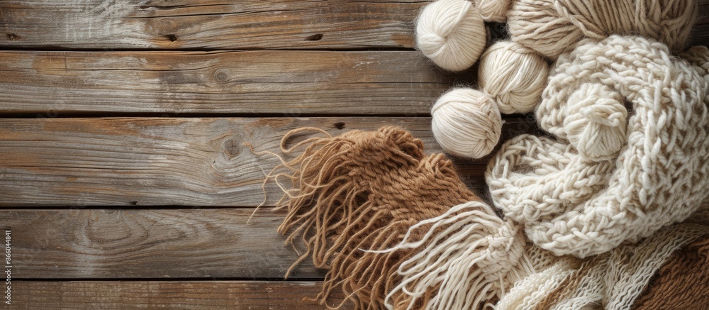 Fototapete rustic wooden table showcasing various types of wool with copy space image.
