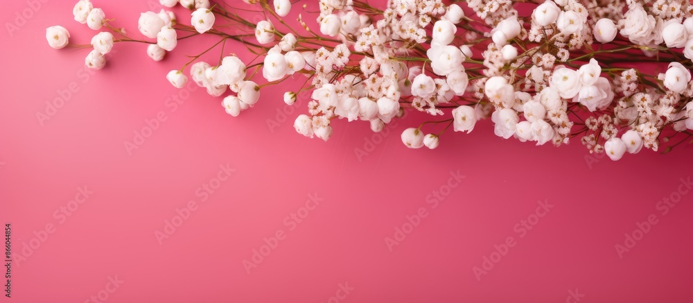 Poster Pink background with white gypsophila flowers creating a delicate and elegant look, ideal for a copy space image.