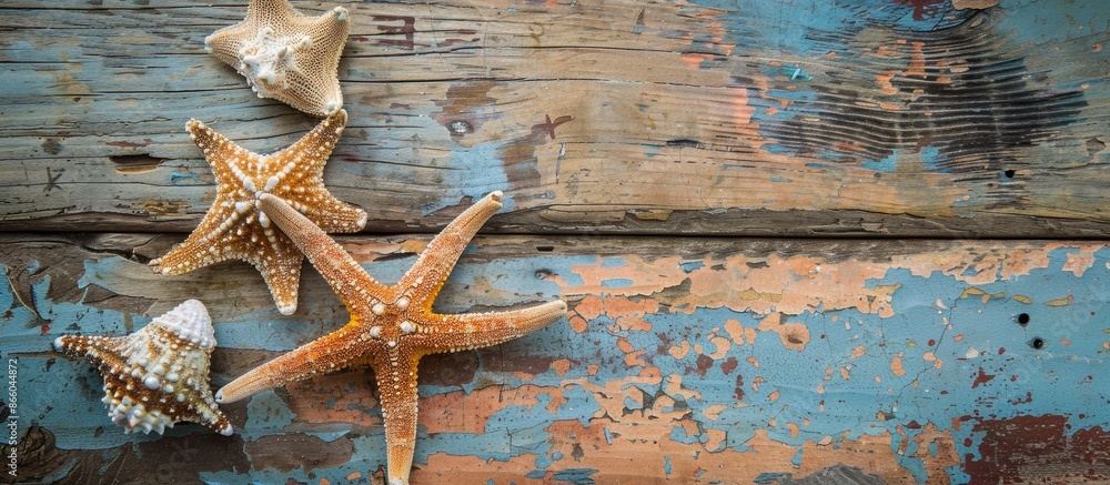 Poster Sea objects including a starfish on an aged wooden table with a rustic appearance, ideal for a copy space image.