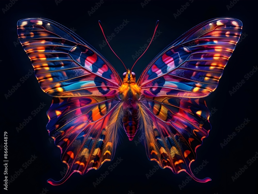 Poster glowing neon butterfly with vibrant open wings against stark black background delicate patterns and 