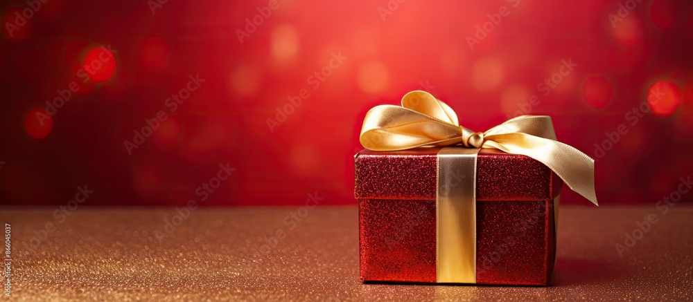 Poster christmas concept with a holiday present - a small golden box adorned with a decorative bow on a red