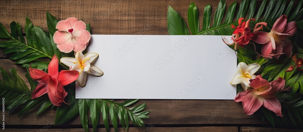Aufkleber fresh tropical leaves and flowers arranged with a blank sheet of paper on a wooden background, perfe