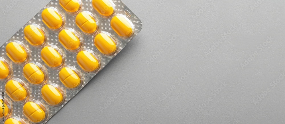 Aufkleber yellow pills in a blister pack displayed on a simple backdrop, providing ample copy space for a medi