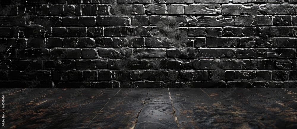 Poster interior design template features grungy black brick wall texture background with ample copy space i