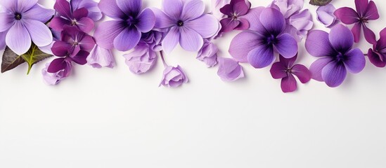 An arrangement of violet flowers on a blank surface with space for text or graphics, known as a copy space image.