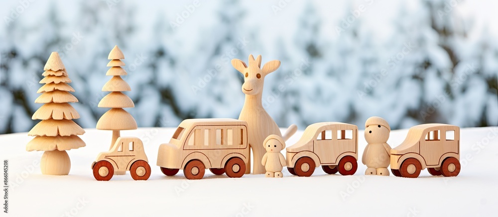 Poster wooden pine toys on a snowy backdrop with copy space image available.