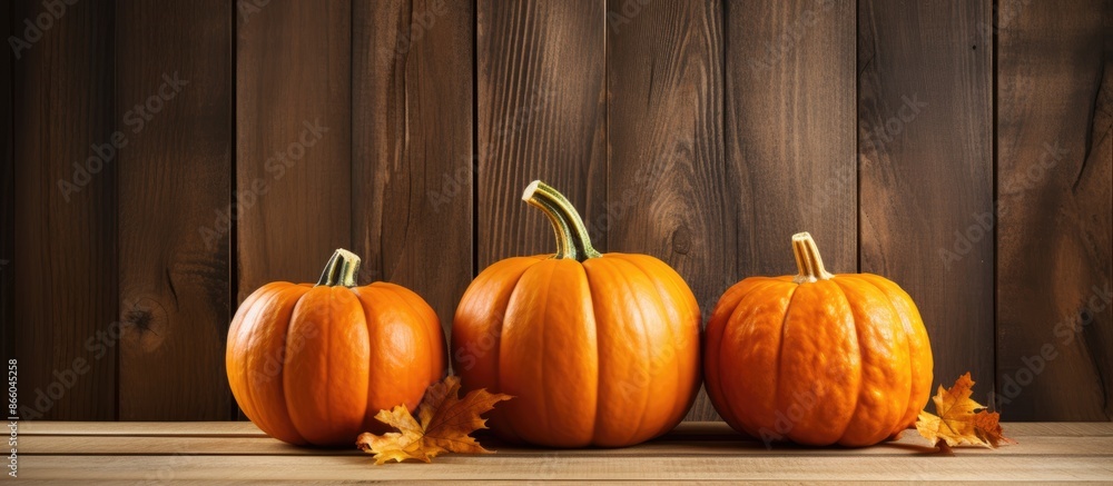 Poster autumn harvest of three pumpkins stacked on a wooden backdrop with copy space image.