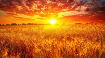 Fototapeta premium Wheatfield Sunset. Tranquil Nature Scene of Harvested Farm Wheatfield at Warm Sunset