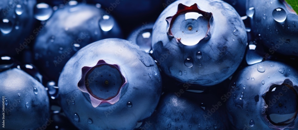 Poster macro image of water droplets on a ripe blueberry against a fresh blueberries backdrop, ideal for te