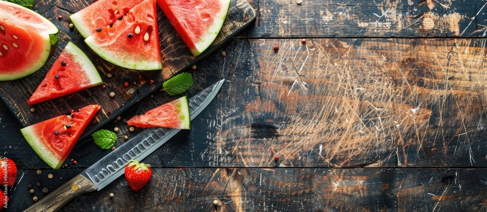 Leinwandbilder watermelon slices on a cutting board with a knife, showing a copy space image on the table.