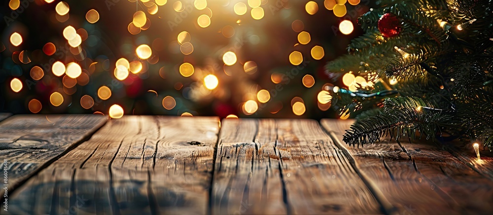 Poster Festive Christmas background featuring a wooden table against a backdrop of a Christmas tree adorned with golden bokeh lights, perfect for product placement with copy space image.