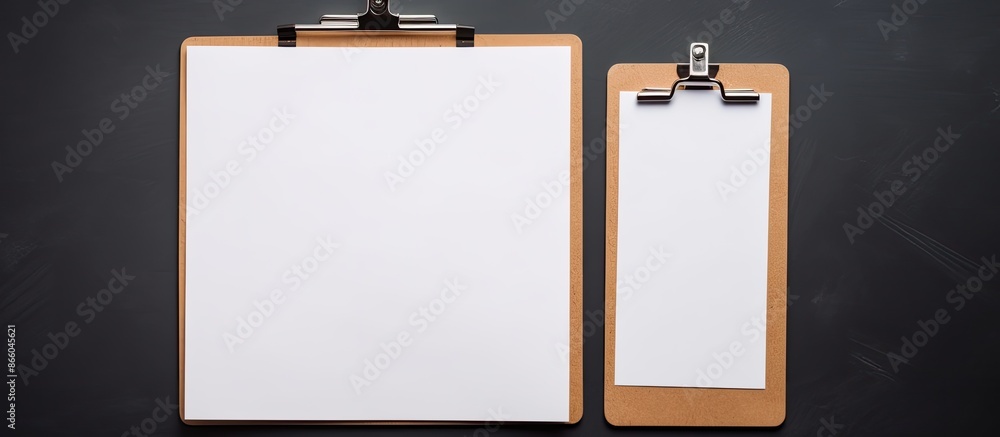 Poster Close-up view of a clipboard with a blank paper, set against a dark gray background with copy space image.