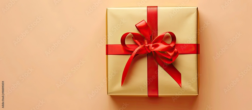 Poster Golden gift box with red ribbon Isolated on pastel background. with copy space image. Place for adding text or design