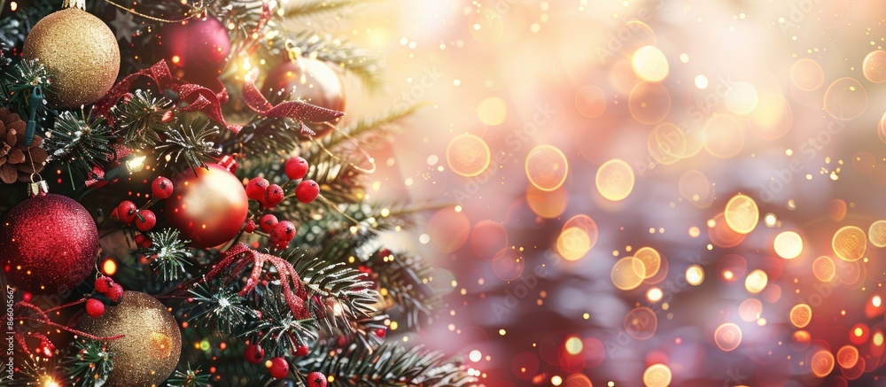 Poster festive new year card with a christmas tree, ornaments, and a place for text on a christmas-themed b