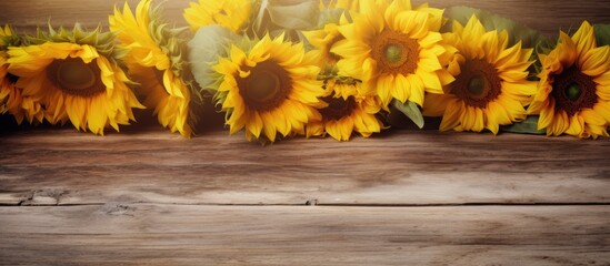 Sunflowers in yellow shade bloom against aged weathered wood plank creating a picturesque scene with copy space image.