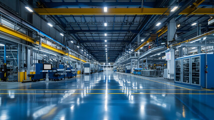 Spacious, well-lit interior of a modern industrial factory with advanced machinery and organized production lines.