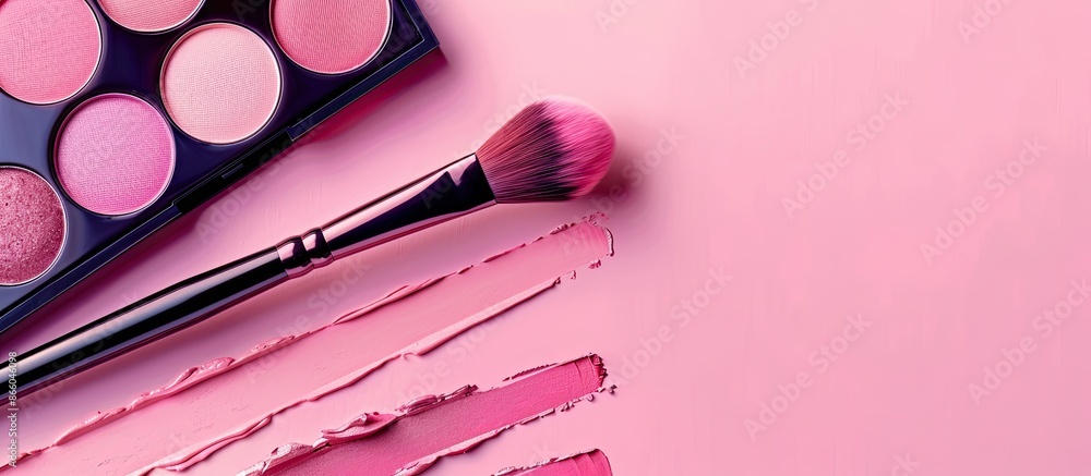 Poster A professional makeup brush applying pink eyeshadows from a palette displayed in a close-up image of makeup tools with a long banner for copy space.
