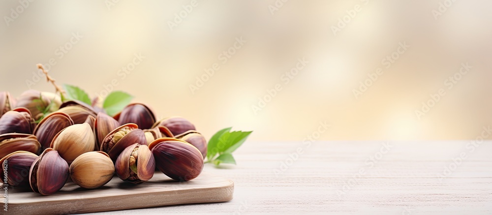 Poster delicious pistachios on a table with a light background and copy space image.