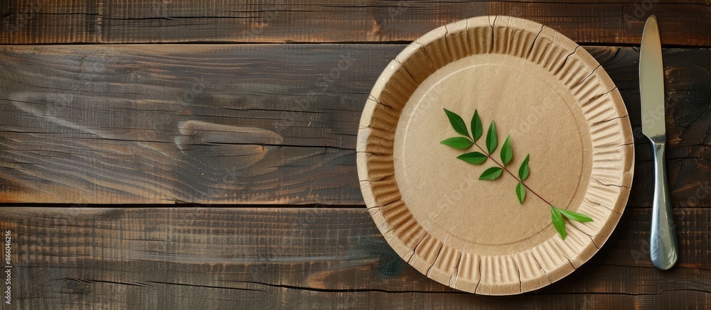 Poster Empty brown paper plate and fork with knife on a wooden table. View from above. Eco-friendly disposable tableware. copyspace. Copy space image. Place for adding text or design