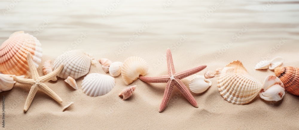 Poster copy space image featuring seashells and starfish on a sandy background.