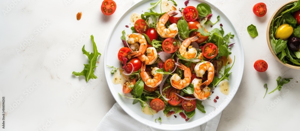Poster flat lay of a tasty salad with shrimp, tomatoes, and croutons on a white table, offering a spacious 