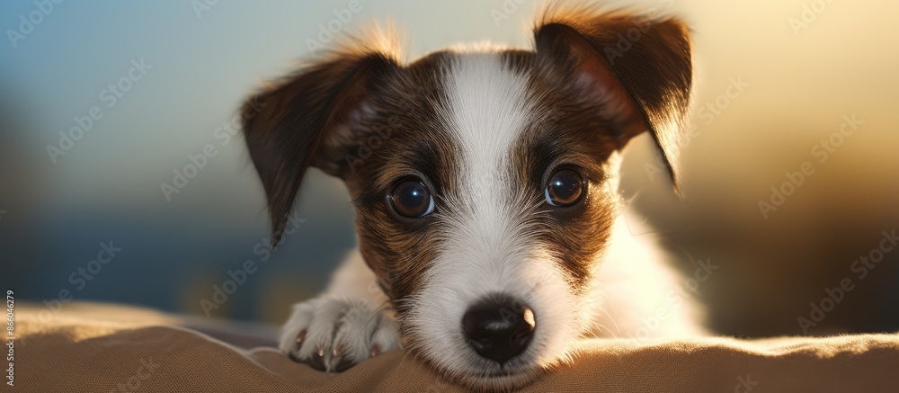 Poster close-up of a wire haired jack russell terrier puppy with unique fur markings resting in a dog bed, 