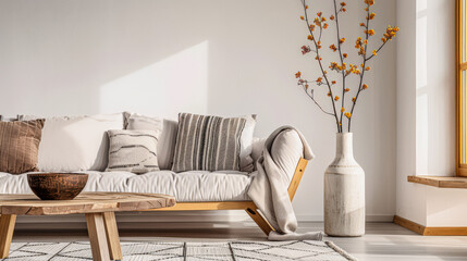 Zen interiors in a luxury apartment bathed with natural window lighting, with minimal ornaments and copy space. Residential Real Estate relaxing interior design.