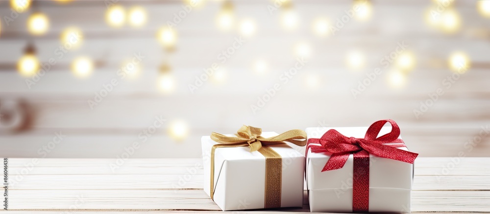 Poster two romantic valentine's day gift boxes, one red and one white, arranged on a white wooden table bac