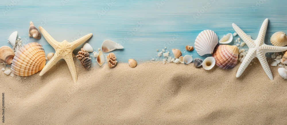 Poster copy space image featuring seashells and starfish on a sandy background.