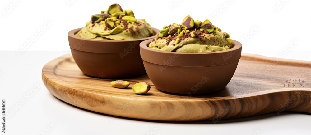 Poster avocado chocolate mousse topped with pistachios in a wooden bowl set against a blank white backgroun
