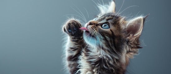A blue tabby maine coon kitten is seen from below, playfully licking a glass table against a gray backdrop with ample copy space for text or images.