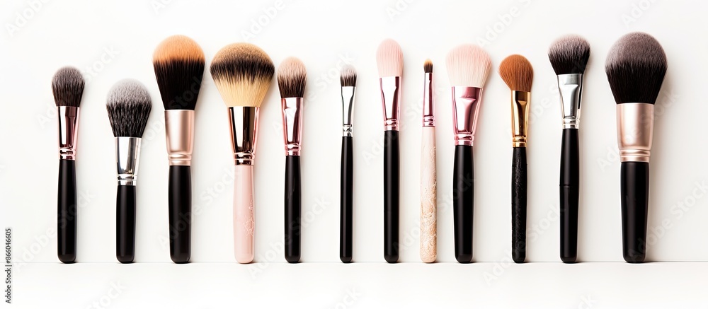 Poster composition of makeup brushes arranged on a white background with ample copy space image.