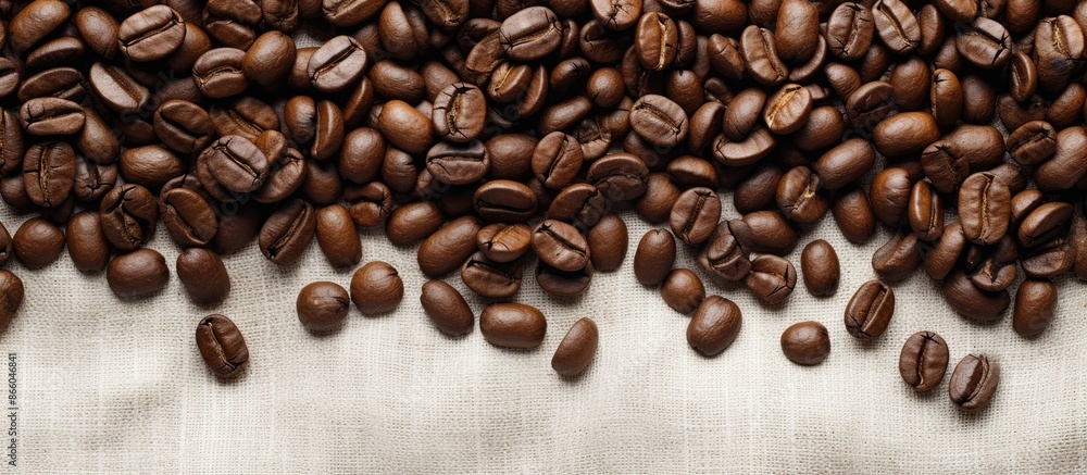 Poster On a white table background, there is a top-down view of roasted coffee beans next to a sack, with room for additional content in the image.