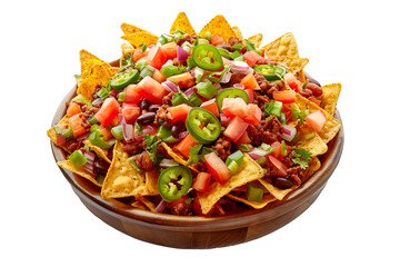 Heap of loaded Tex-Mex nachos with beef, cheese, tomatoes, and onions isolated on white transparent background.