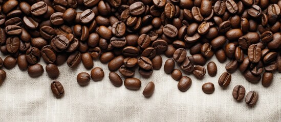Obraz premium On a white table background, there is a top-down view of roasted coffee beans next to a sack, with room for additional content in the image.