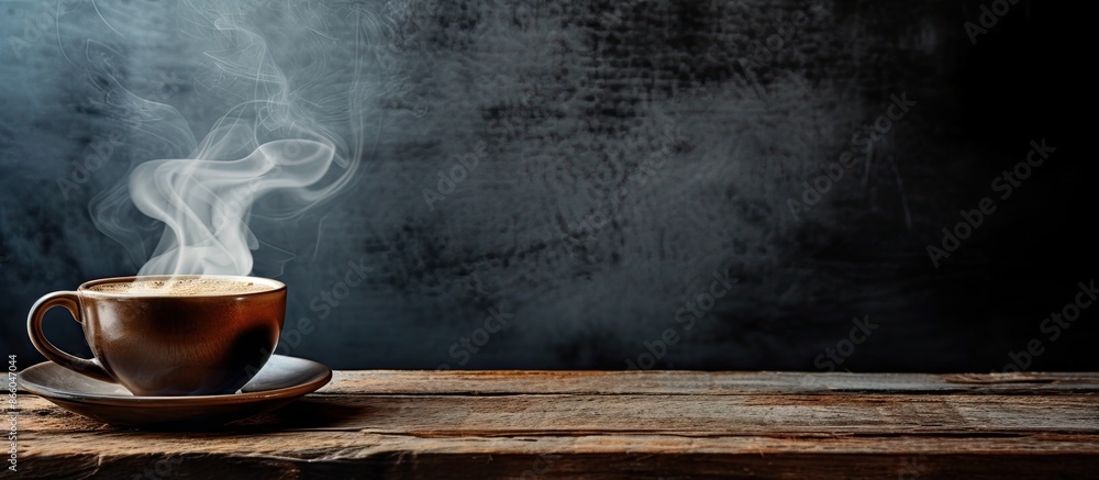 Poster old surface with a steaming cup of black coffee on it, providing a rustic ambiance with a vintage fe