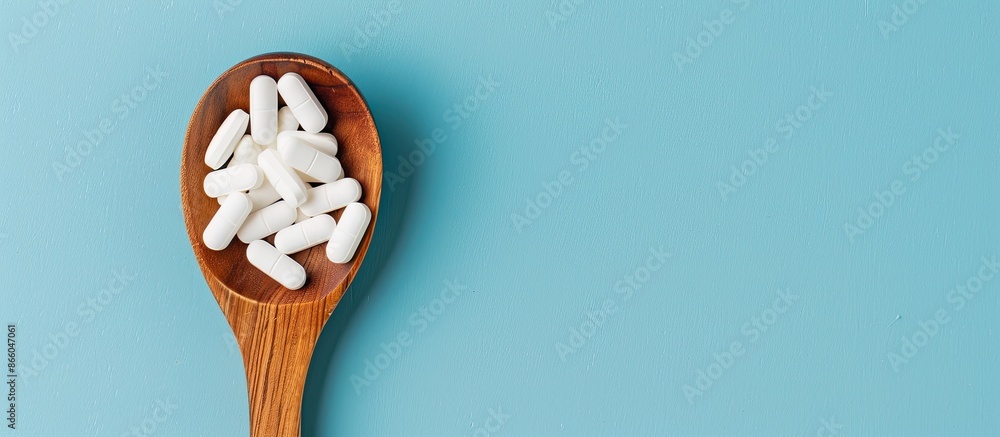 Aufkleber close-up of white pills in a wooden spoon against a blue backdrop with selective focus and available