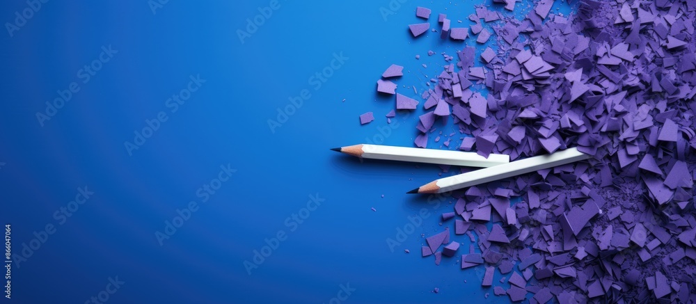 Poster close-up view of a blue pencil, shavings, crumbs, and sharpener arranged on a violet background with