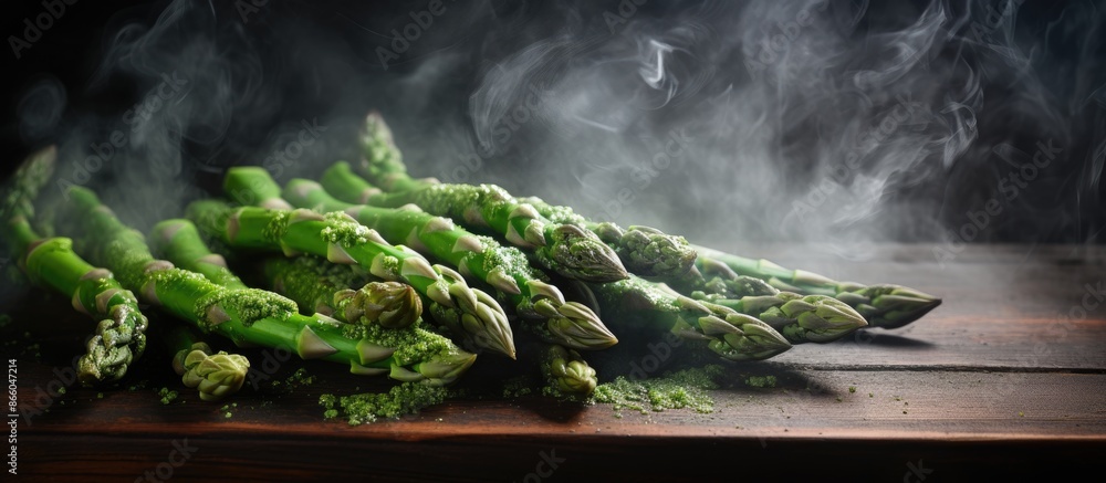 Poster top-down view of asparagus steaming on a dark wooden surface with copy space image.