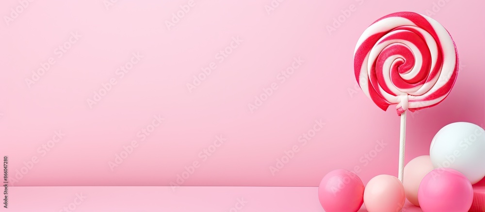 Poster colorful background features a pink lollipop, creating a birthday greeting card concept with copy sp