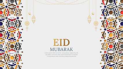Eid Mubarak greeting card social media post with colorful ornamental Islamic pattern © Minhas Attari