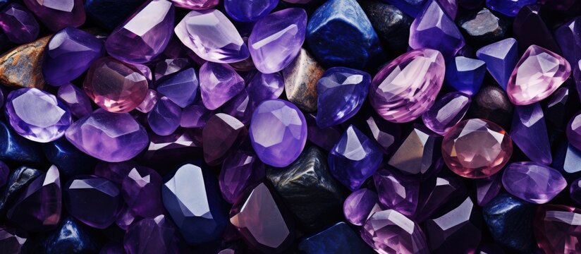 Background with copy space image of shiny precious stones in various shades, including amethyst.