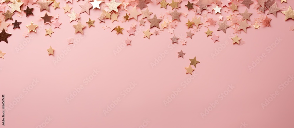 Leinwandbilder A pink background decorated with numerous lovely golden stars in a flat lay arrangement, leaving space for adding text or other elements within the image. with copy space image