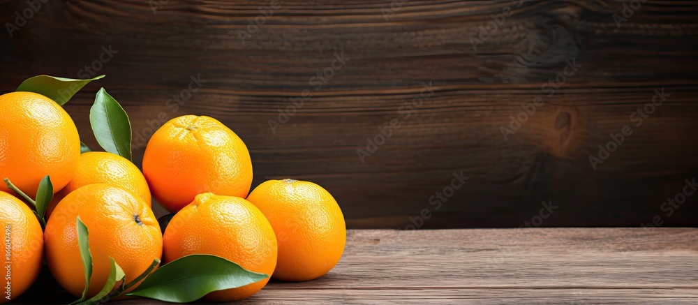 Poster oranges placed on the wooden table with copy space image